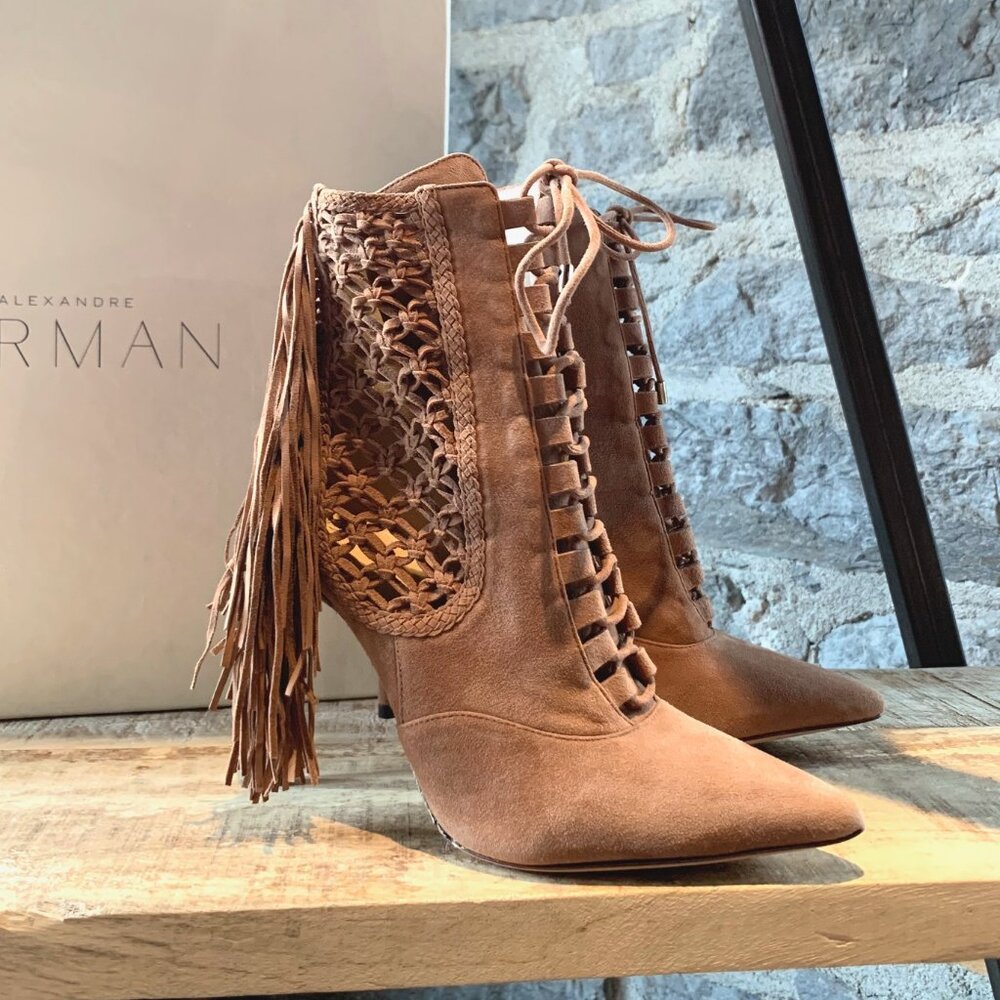 Alexandre Birman Tan Suede Katys Fringed Booties
